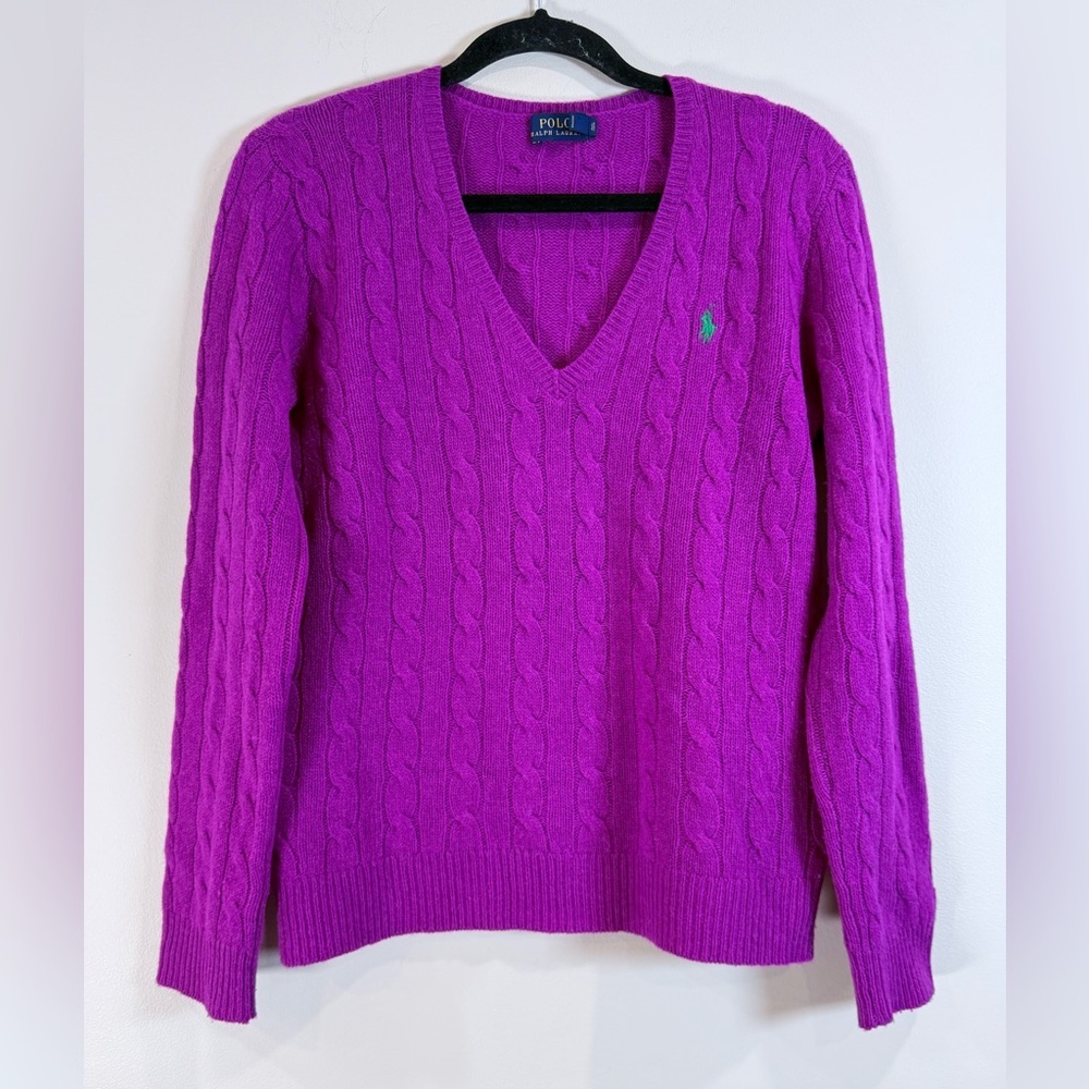 🔥Ralph Lauren Purple Cable-Knit V-Neck Sweater Women’s Size M EUC🔥